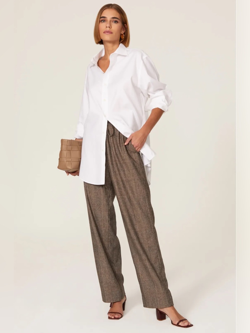CO Collections || Plaid Wide Leg Pants Drawstring Houndstooth  Brown‎ Tan S